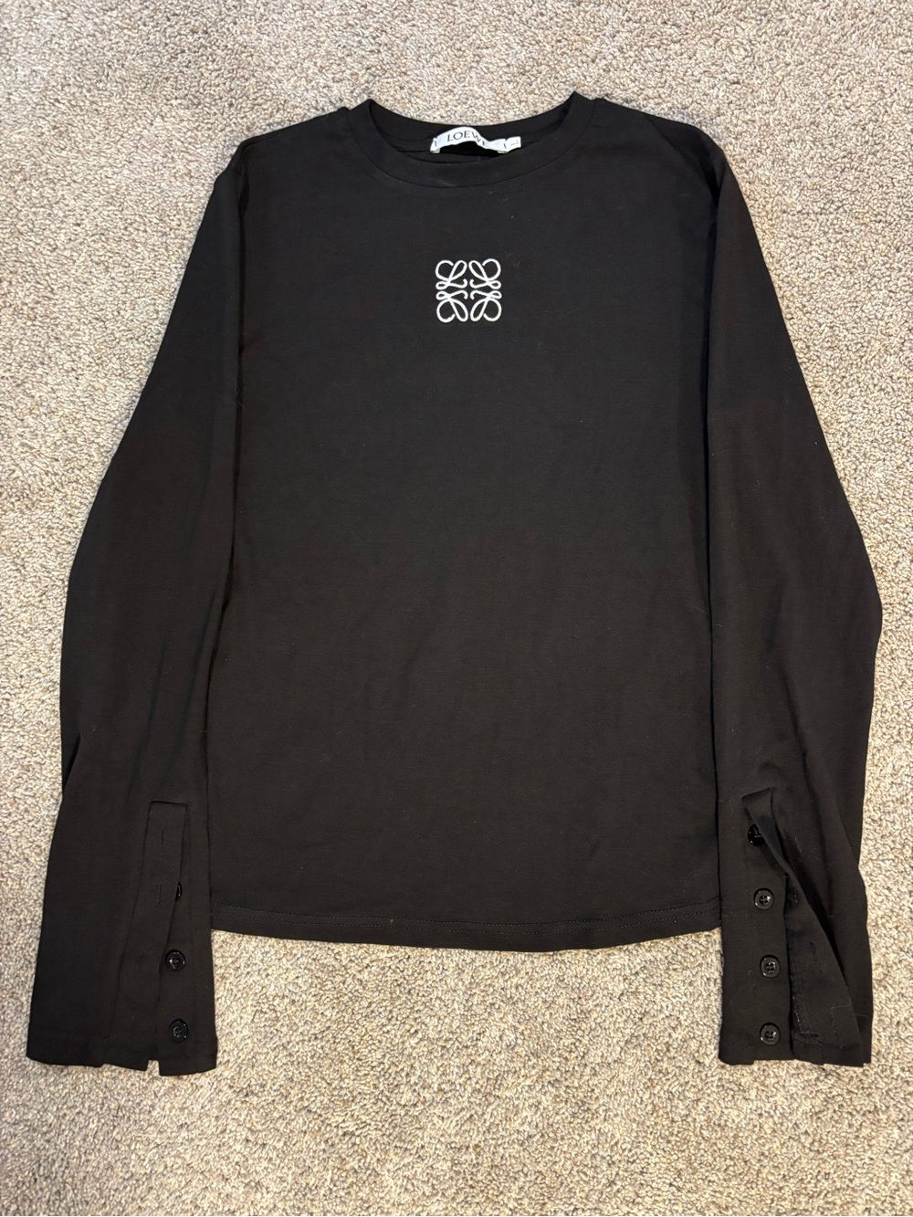 Loewe Women’s Black Knit Crewneck Long Sleeve Buttoned Logo Blouse Cotton Large